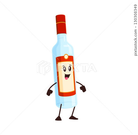 Cartoon vodka drink bottle cheerful character. Alcohol beverage, cocktail ingredient bottle isolated retro vector funny mascot. Vodka spirit drink isolated personage, booze cute cartoon character 130308349