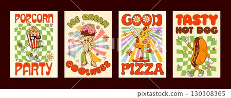 Cartoon groovy takeaway fast food characters and funny snacks, vector posters. Groovy fast food characters of funky pizza with popcorn, hot dog or ice cream with smile for retro groovy menu posters 130308365