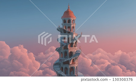 A fantastical spiral tower floating in a sea of clouds 130308376