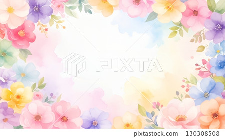 用春天水彩花裝飾的優雅的空白框架背景 130308508