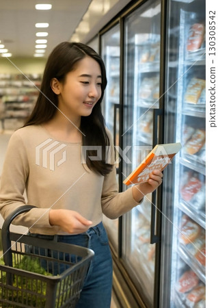 Generate a scene of searching for products in a frozen food section 130308542