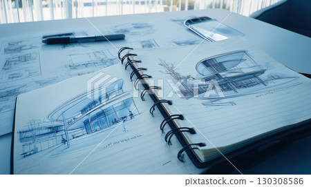 A futuristic design concept drawn in an architectural sketch 130308586