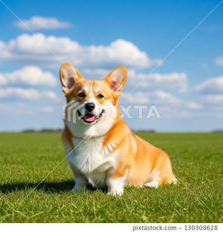 一隻可愛的彭布羅克威爾士科基犬微笑著坐在草地上，背景是晴朗的藍天和白雲 — 圖庫照片 130308628