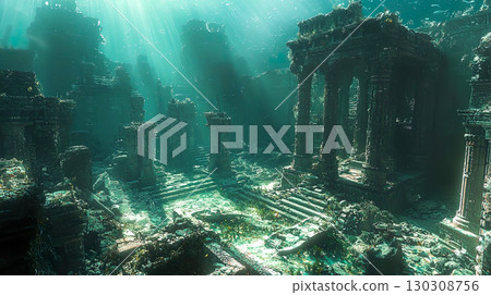 沉入海中的古廟遺址圖像 130308756