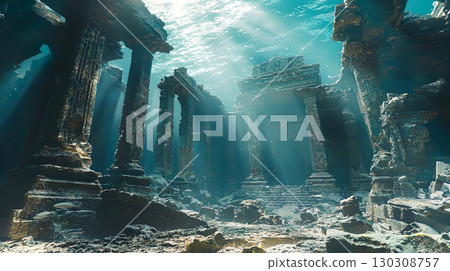 沉入海中的古廟遺址圖像 130308757