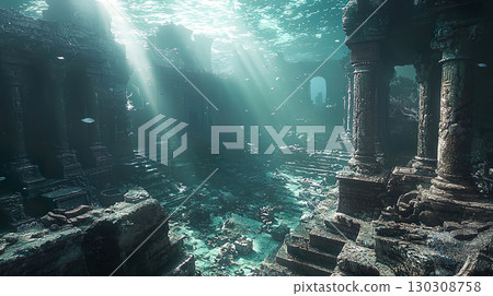 沉入海中的古廟遺址圖像 130308758