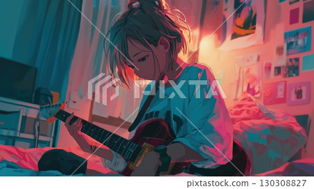 Girl playing guitar in the room illustration 130308827