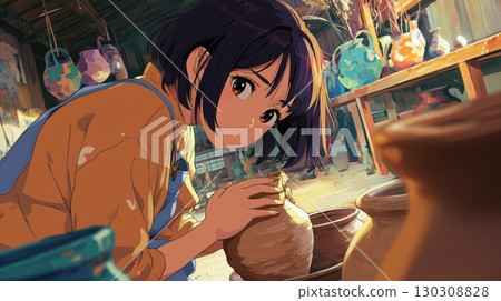 專注於陶藝的黑髮女孩的插圖 130308828