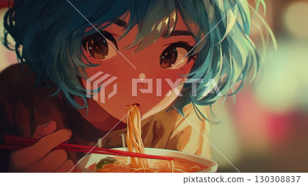 藍髮女孩吃拉麵的插圖 130308837