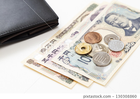 Japanese money and wallet on white background 130308860