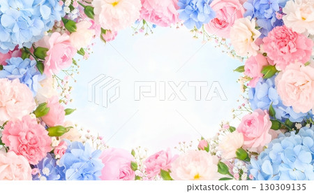 Floral frame background wrapped in gentle spring colors | Pink and blue carnations & hydrangeas 130309135