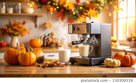 Pumpkin and coffee machine, Halloween, Autumn 130309339