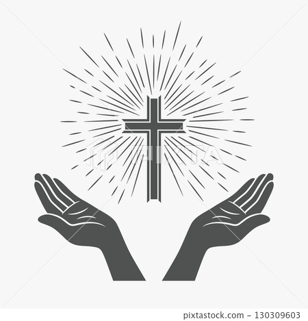 Black and White Open Hands with Cross and Divine Light, Symbol of Faith and Prayer. Design Template for Church Logo. Prayer, Religion Concept Monochrome Cut Out Silhouette Icon. Vector Illustration 130309603