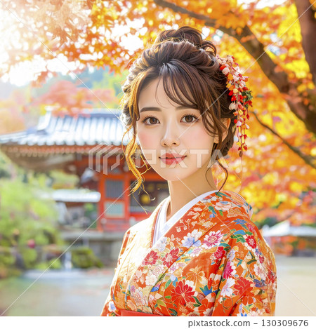 人工智慧生成的身著和服的年輕女子與秋葉的圖像 人工智慧生成的身著和服的年輕女子與秋葉的圖像 130309676