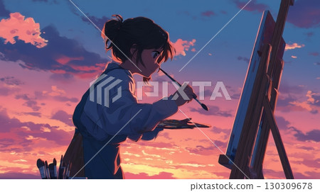 一位女畫家在夕陽下在畫布上作畫 130309678