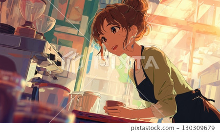 一位女咖啡師在咖啡館煮咖啡 一位女咖啡師在咖啡館煮咖啡 130309679