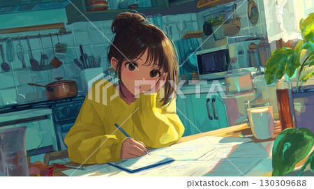 A girl in yellow clothes doing her homework in the kitchen 130309688