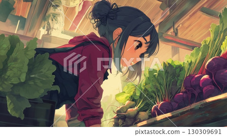 Blue-haired girl choosing vegetables at a greengrocer's 130309691