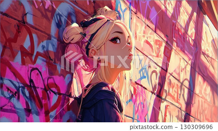 Blonde girl standing in front of graffiti art 130309696