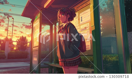 黃昏時分在公車站等車的高中女生 黃昏時分在公車站等車的高中女生 130309718