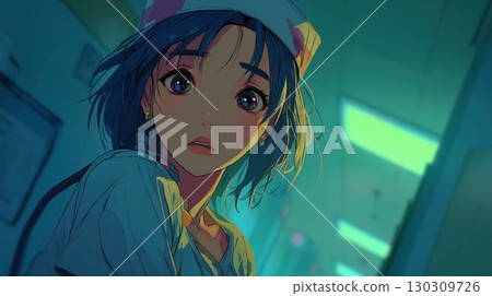 A blue-haired nurse working at a hospital takes a break A blue-haired nurse working at a hospital takes a break 130309726