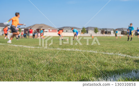 Youth soccer practice taking place on a sunny day at a spacious field with kids in various uniforms 130310858