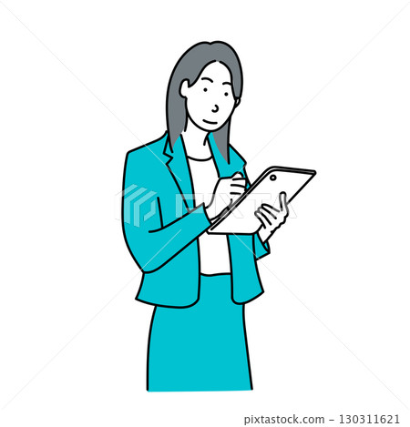 圖庫插圖: 一位女性商務人士在平板電腦上做筆記 130311621