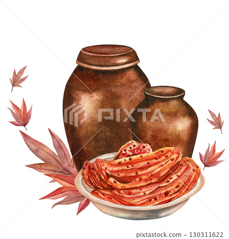 Kimchi in a bowl with cooking vats and Japanese maple leaves. Watercolor composition on transparent background. Hand drawn, for invitations, cards and design Kimchi in a bowl with cooking vats and Japanese maple leaves. Watercolor composition on transparent background. Hand drawn, for invitations, cards and design 130311622