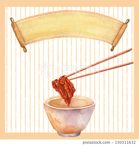 Kimchi, chopsticks and bowl. Ribbon for lettering. Watercolor illustrations hand drawn. Isolated on white background. For invitations, posters and cards Kimchi, chopsticks and bowl. Ribbon for lettering. Watercolor illustrations hand drawn. Isolated on white background. For invitations, posters and cards 130311632