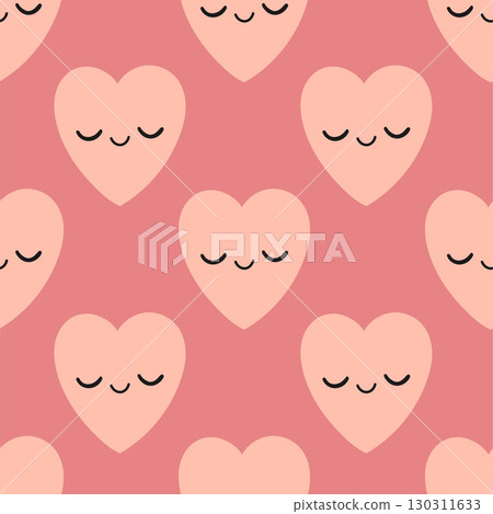 Cute pink heart pattern on pink background. Vector seamless pattern with hearts. Lovely romantic endless background for Valentines day, holiday design, fabric. Hand drawn kids pattern with hearts. 130311633