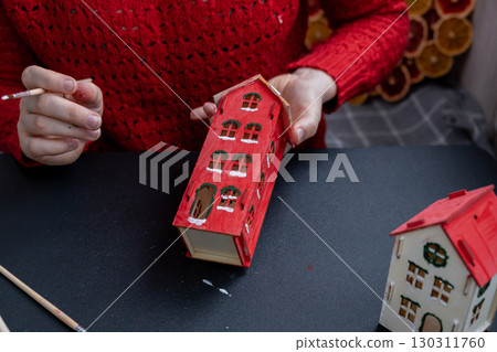 Master class of making craft wooden houses for conscientious Merry Christmas decor. Sustainable celebration minimal responsible DIY holiday project. Step by step instruction Festive modern 130311760