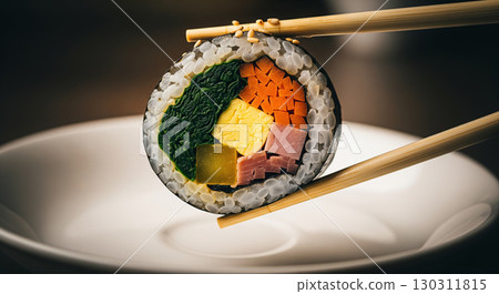 A Hand Holding a Piece of Gimbap with Chopsticks 130311815