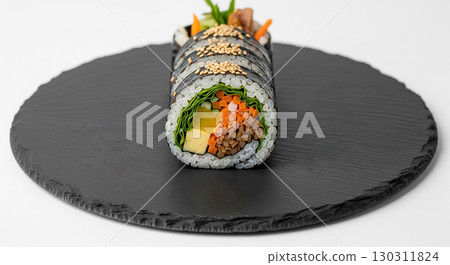 A Gourmet Plating of a Korean Gimbap Roll on a Slate Plate 130311824