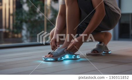 男孩穿著未來派智慧涼鞋的插圖 男孩穿著未來派智慧涼鞋的插圖 130311852