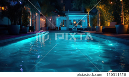 A luxury pool shining in blue light at night 130311856