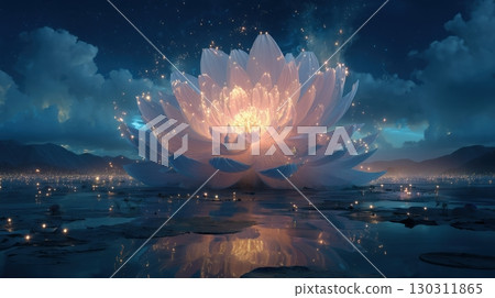 夜空中綻放的巨大光蓮花與夢幻般的湖面 130311865