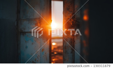 A fantastic sunset peeking through the gap in the old door 130311879