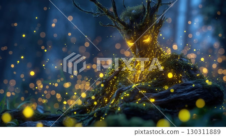 A fantastic forest spirit surrounded by glowing fireflies A fantastic forest spirit surrounded by glowing fireflies 130311889
