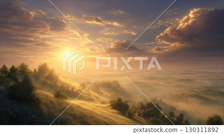 朝陽照耀下的山丘與雲海 130311892