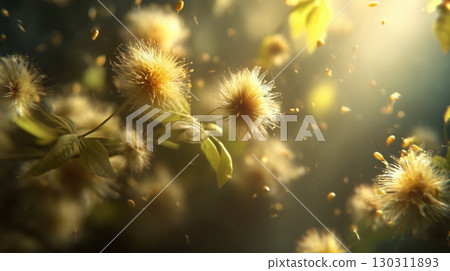 棉花植株和飛翔的種子被光籠罩 130311893