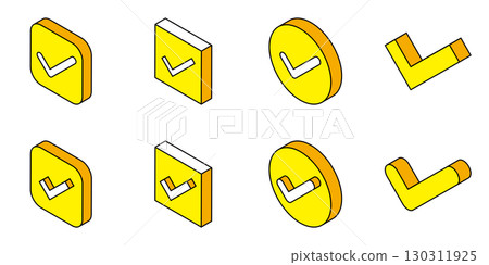 Isometric check mark 3D icon simple vector set yellow 130311925