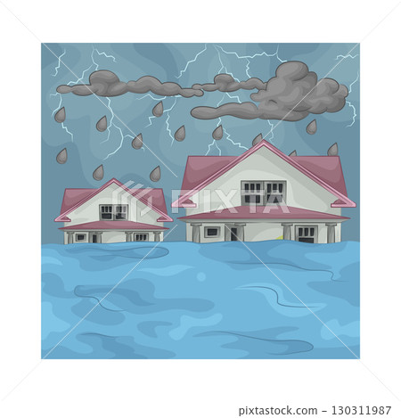 Illustration of a house submerged in floodwater 130311987