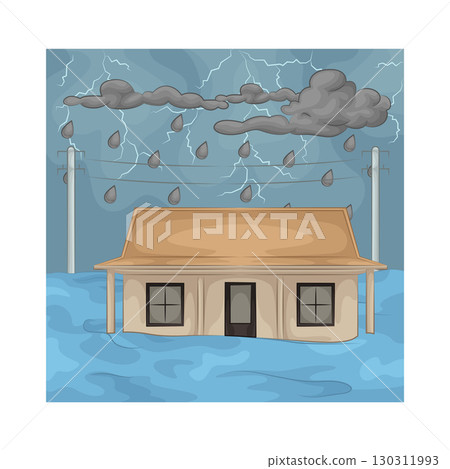 Illustration of a house submerged in floodwater 130311993