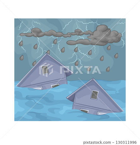 Illustration of a house submerged in floodwater 130311996