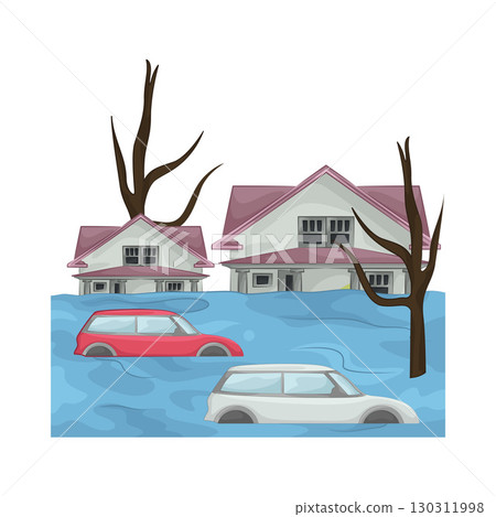 Illustration of a house submerged in floodwater Illustration of a house submerged in floodwater 130311998