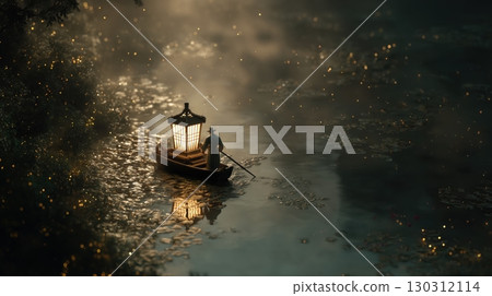 A fantasy river where a small boat carrying a lantern quietly moves along 130312114