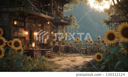 A library cafe in the fantasy forest surrounded by sunflowers 130312124