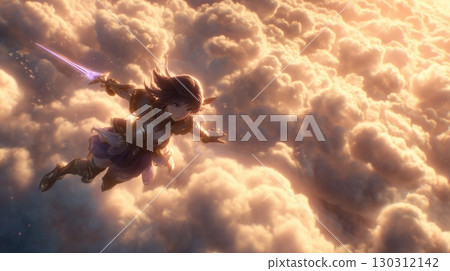 Fantasy painting of a warrior girl flying above a sea of clouds 130312142