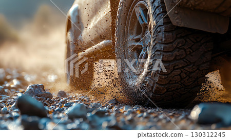Close-up of a car tire driving on a rocky off-road 130312245