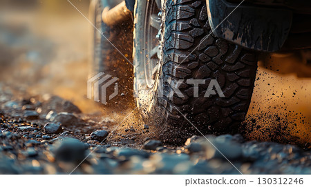 Close-up of a car tire driving on a rocky off-road 130312246